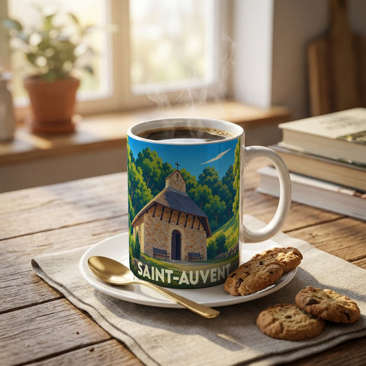 Mug souvenir de la ville de Saint-Auvent orné d'une illustration stylisée de sa chapelle.