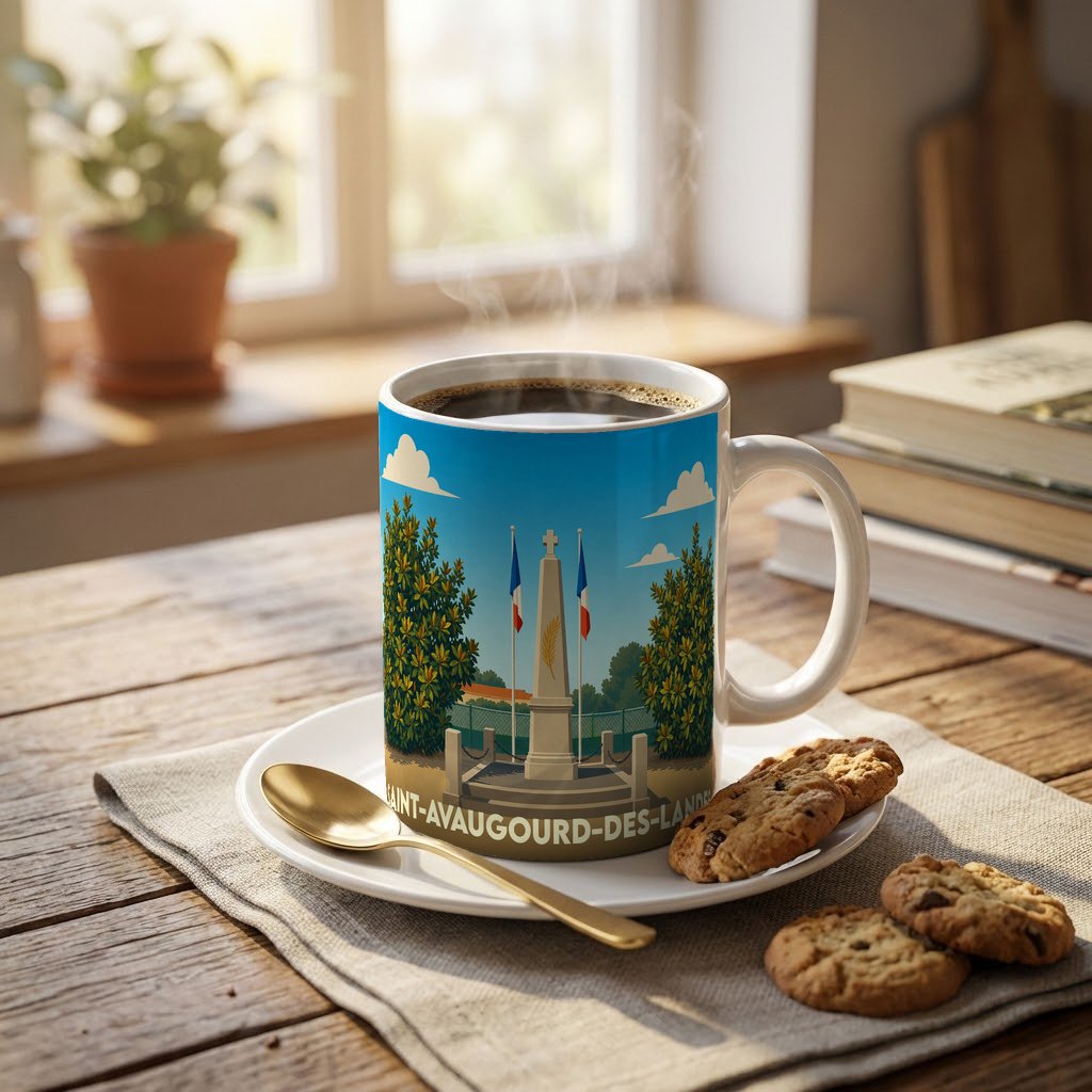 Mug souvenir de la ville de Saint-Avaugourd-des-Landes illustré d'un monument historique et de drapeaux français.