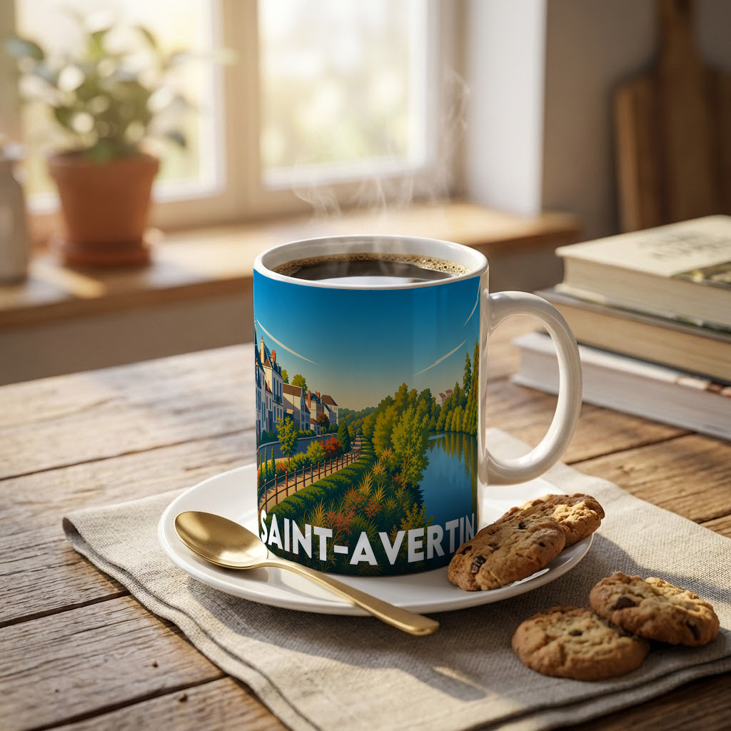 Mug souvenir de la ville de Saint-Avertin avec une illustration stylisée.