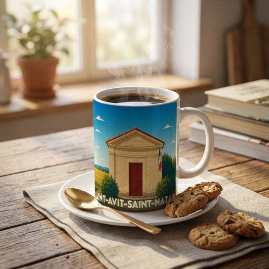 Mug souvenir de la ville de Saint-Avit-Saint-Nazaire orné d'une illustration stylisée de son patrimoine.
