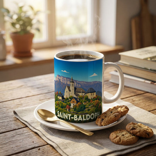 Mug souvenir de la ville de Saint-Baldoph avec une illustration stylisée de son église et des montagnes environnantes.