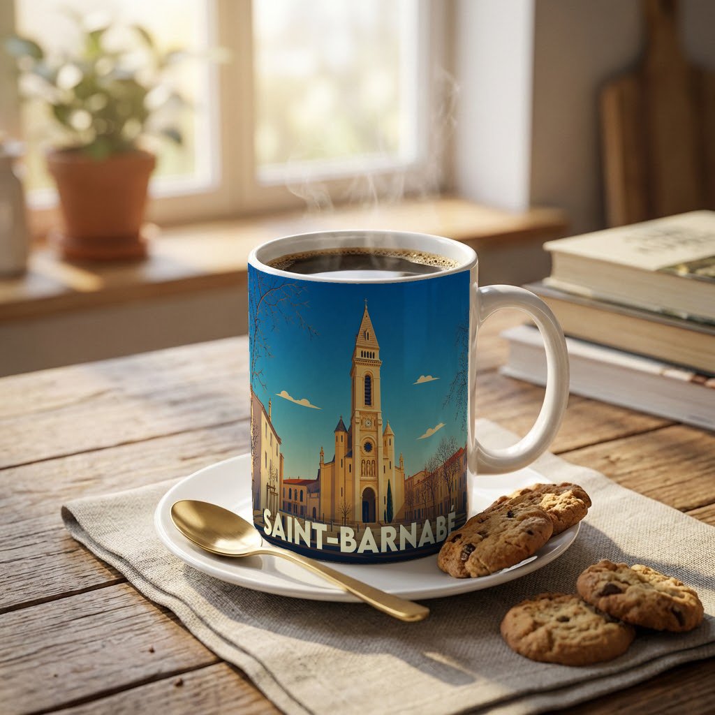 Mug souvenir de la ville de Saint-Barnabé orné d'une illustration stylisée de son église.