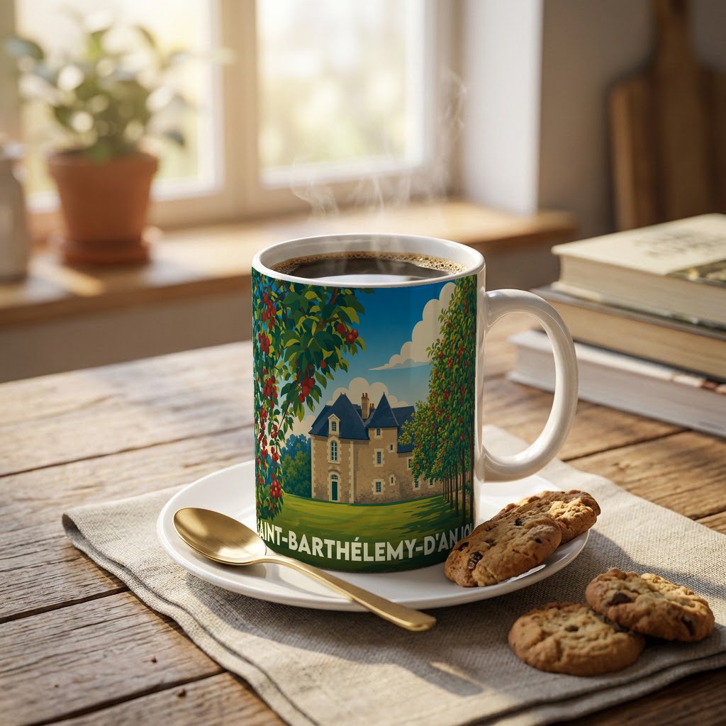 Mug souvenir de la ville de Saint-Barthélemy-d'Anjou avec une illustration stylisée d'un manoir et de cerisiers.