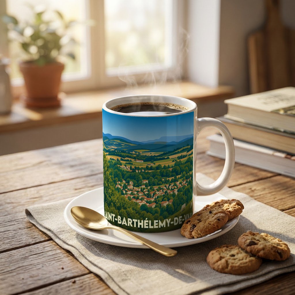 Mug souvenir de la ville de Saint-Barthélemy-de-Vals avec une illustration stylisée de son paysage vallonné.