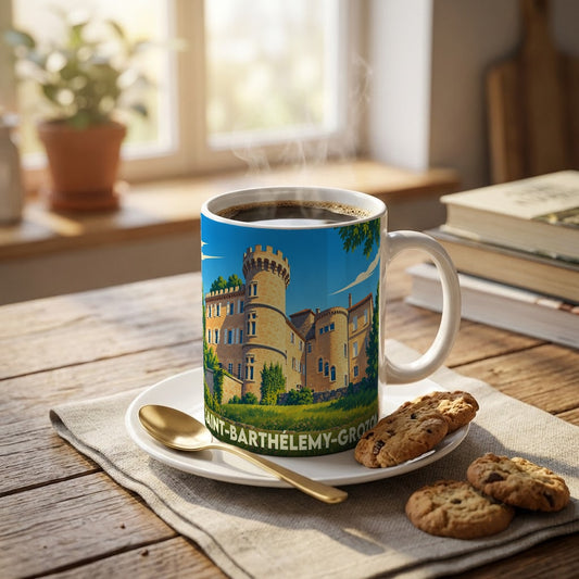 Mug souvenir de la ville de Saint-Barthélemy-Grozon avec une illustration stylisée de son château.