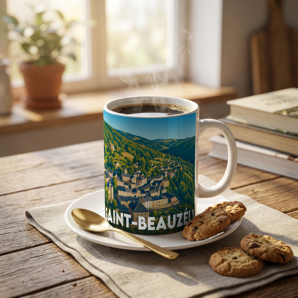 Mug souvenir de la ville de Saint-Beauzély avec une illustration stylisée.