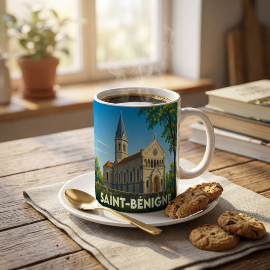 Mug souvenir de la ville de Saint-Bénigne illustré par une église stylisée sous un ciel bleu.