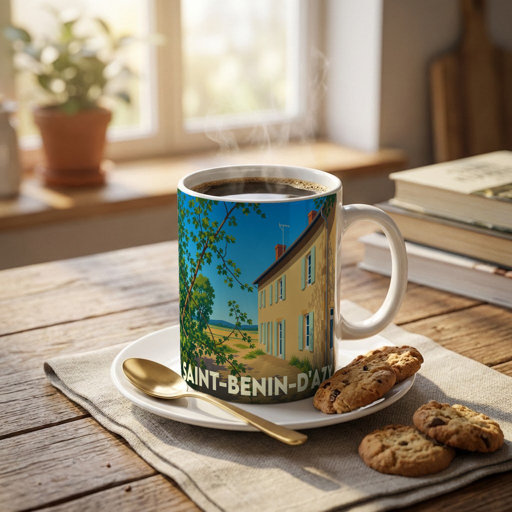 Mug souvenir de la ville de Saint-Benin-d'Azy orné d'une illustration stylisée d'une maison de campagne.