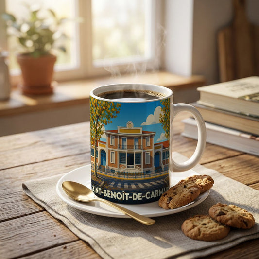 Mug souvenir de la ville de Saint-Benoît-de-Carmaux avec une illustration colorée et stylisée.