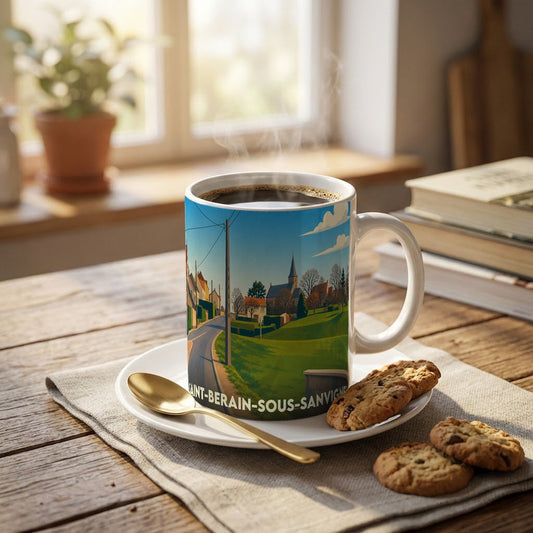 Mug souvenir de la ville de Saint-Berain-sous-Sanvignes avec une illustration stylisée de son paysage urbain et rural.