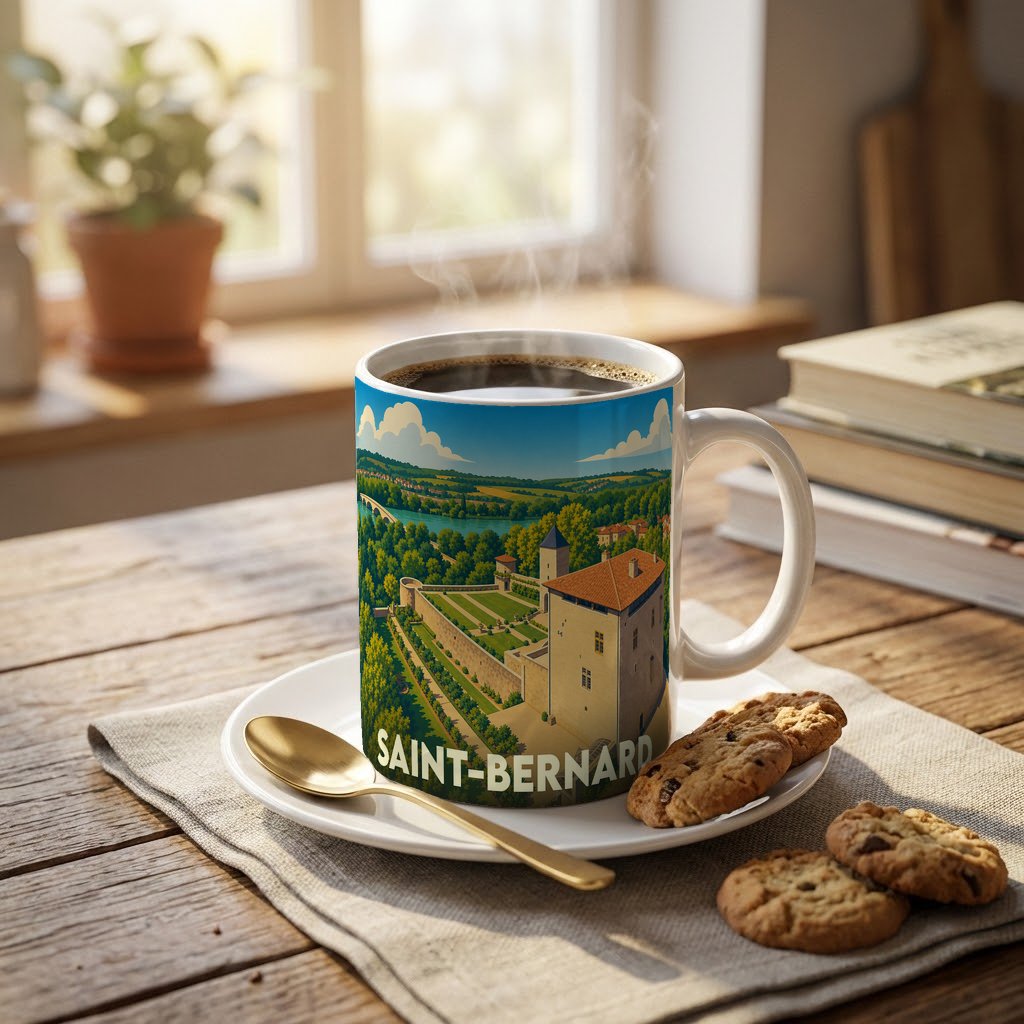 Mug souvenir de la ville de Saint-Bernard orné d'une illustration panoramique de son château et de sa campagne.