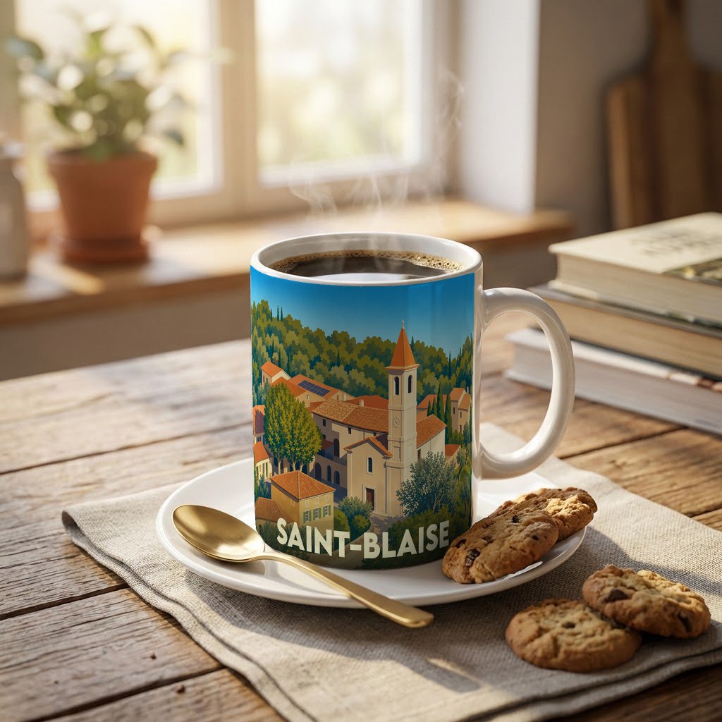 Mug souvenir de la ville de Saint-Blaise avec une illustration stylisée d'un village provençal.