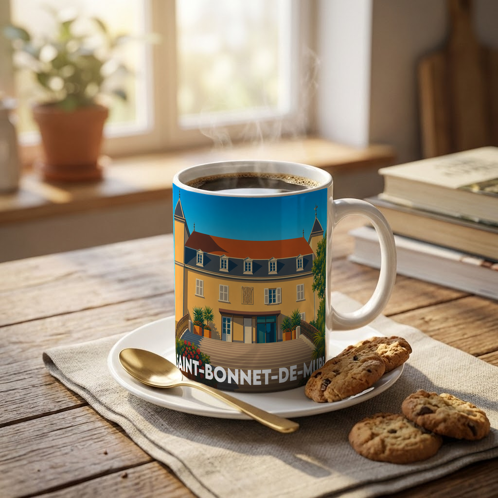 Mug souvenir de la ville de Saint-Bonnet-de-Mure orné d'une illustration stylisée de son château.