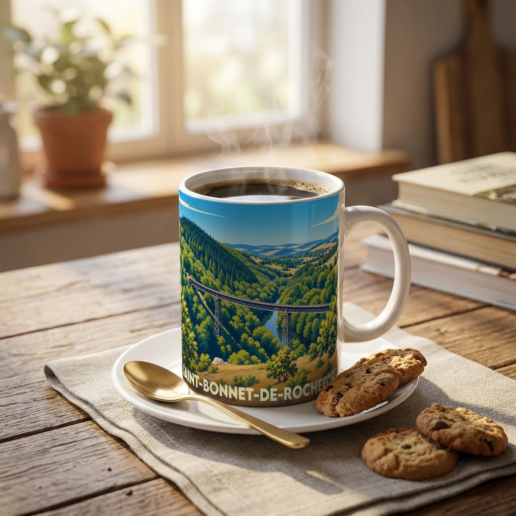 Mug souvenir de la ville de Saint-Bonnet-de-Rochefort orné d'une illustration stylisée de son viaduc et de sa vallée verdoyante.