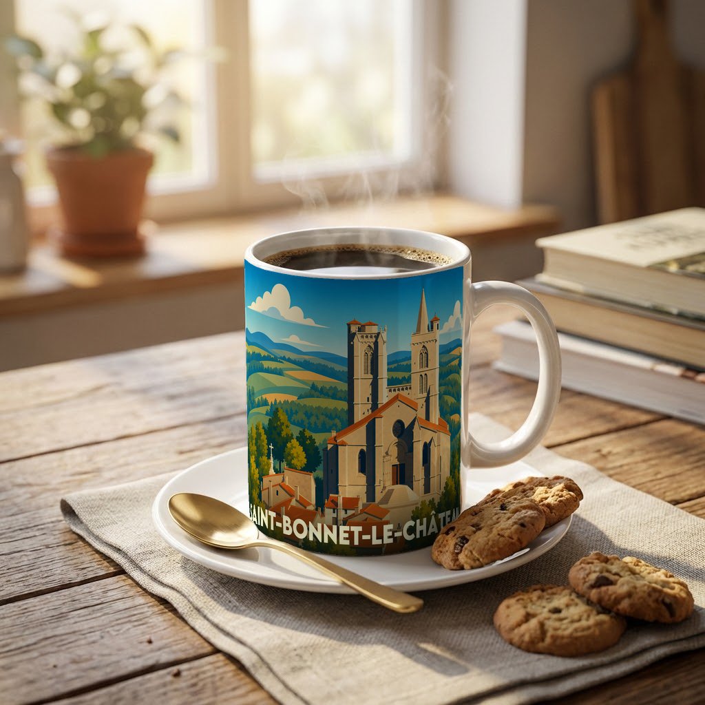 Mug souvenir de la ville de Saint-Bonnet-le-Château orné d'une illustration stylisée de sa collégiale.