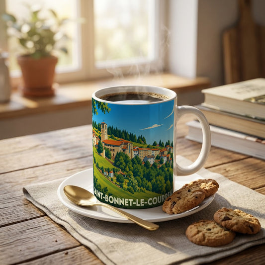 Mug souvenir de la ville de Saint-Bonnet-le-Courreau orné d'une illustration stylisée de son paysage vallonné.