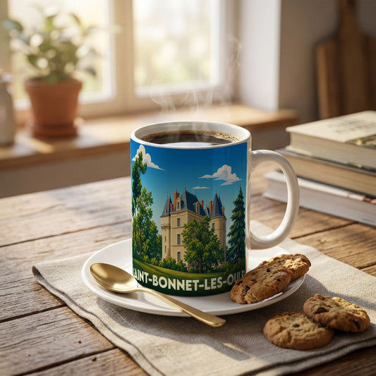 Mug souvenir de la ville de Saint-Bonnet-les-Oules illustré d'un château majestueux entouré d'arbres.