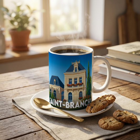 Mug souvenir de la ville de Saint-Branchs avec une illustration stylisée.