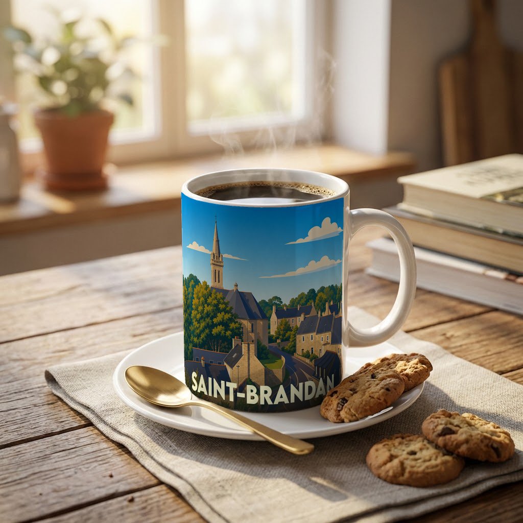 Mug souvenir de la ville de Saint-Brandan avec une illustration de son église et de ses maisons.