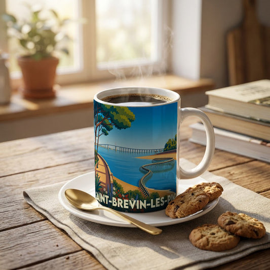 Mug souvenir de la ville de Saint-Brevin-les-Pins illustrant le pont de Saint-Nazaire et le Serpent d'Océan.