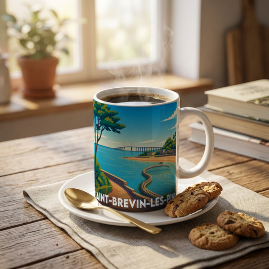 Mug souvenir de la ville de Saint-Brevin-les-Pins orné d'une illustration stylisée de son paysage côtier.