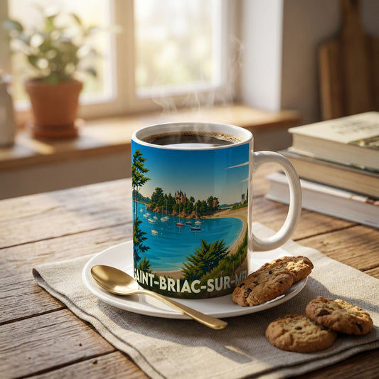 Mug souvenir de la ville de Saint-Briac-sur-Mer orné d'une illustration côtière stylisée.