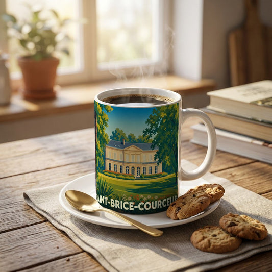 Mug souvenir de la ville de Saint-Brice-Courcelles avec une illustration stylisée d'un domaine arboré.