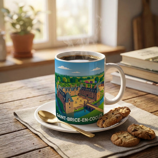 Mug souvenir de la ville de Saint-Brice-en-Coglès avec une illustration stylisée.