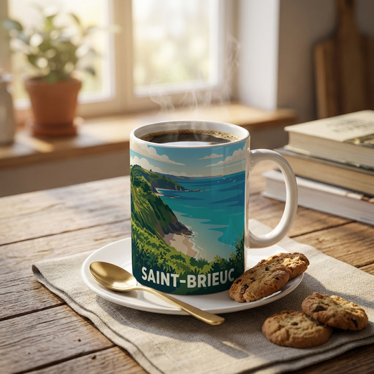 Mug souvenir de la ville de Saint-Brieuc avec une illustration stylisée de son littoral.