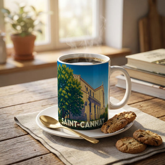 Mug souvenir de la ville de Saint-Cannat orné d'une illustration stylisée de son église.
