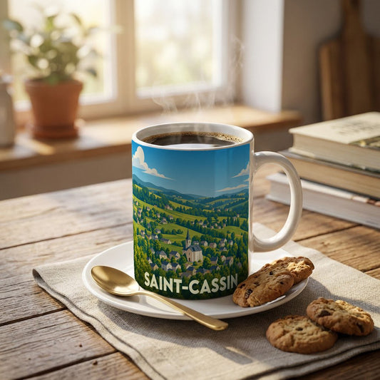 Mug souvenir de la ville de Saint-Cassin avec une illustration paysagère stylisée.
