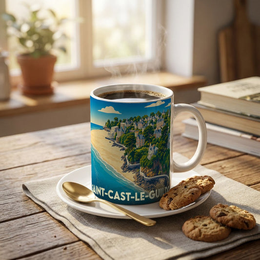 Mug souvenir de la ville de Saint-Cast-le-Guildo orné d'une illustration côtière stylisée.