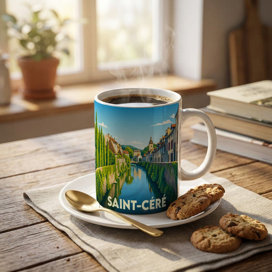 Mug souvenir de la ville de Saint-Céré orné d'une illustration stylisée de ses quais et d'un canal.