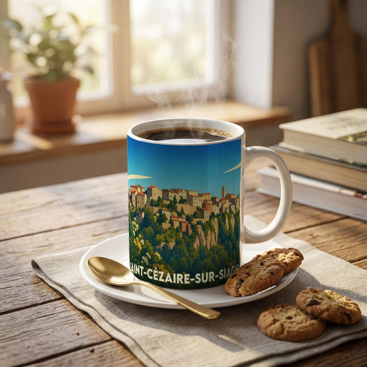 Mug souvenir de la ville de Saint-Cézaire-sur-Siagne avec une illustration stylisée d'un village perché.
