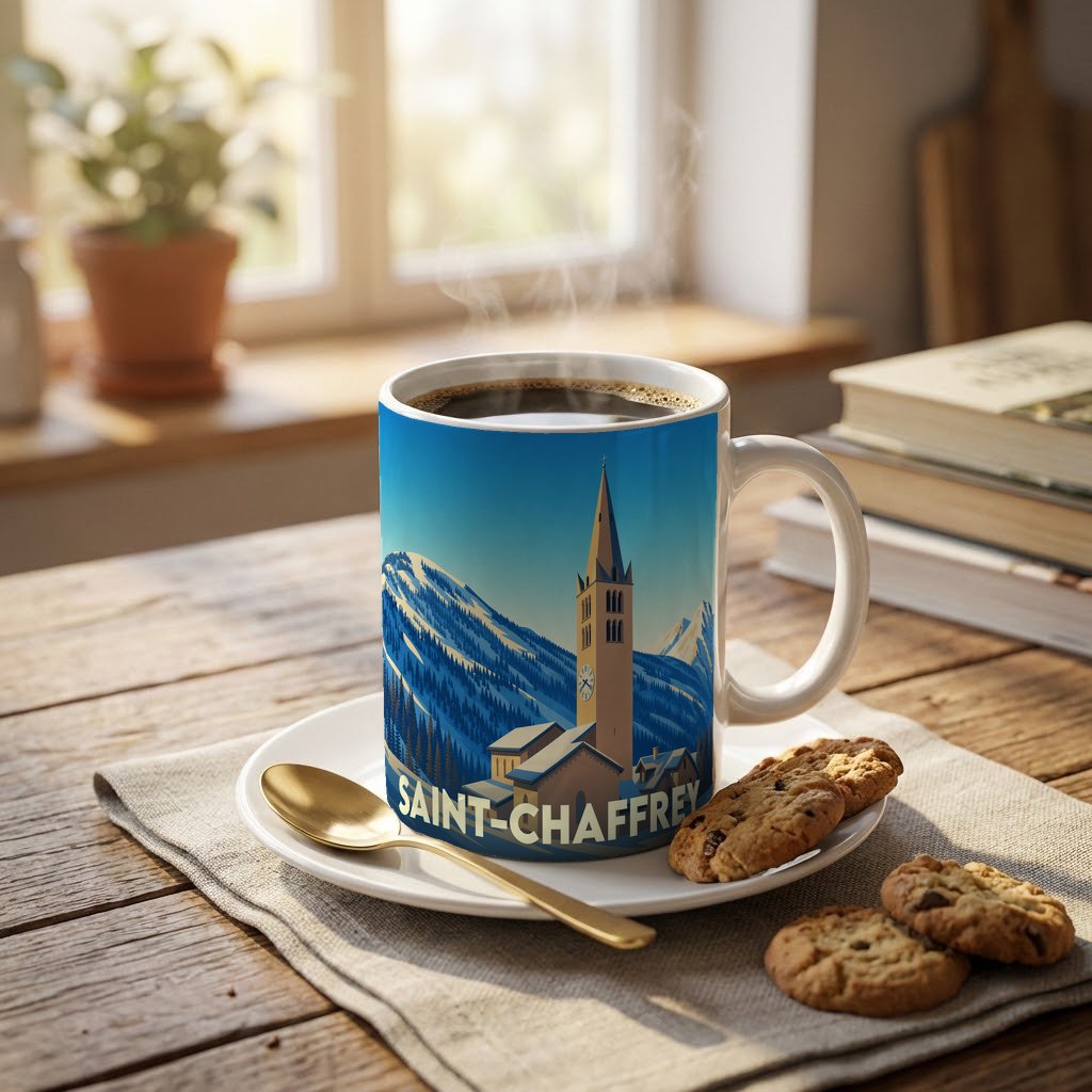 Mug souvenir de la ville de Saint-Chaffrey orné d'une illustration stylisée de son église et des montagnes.