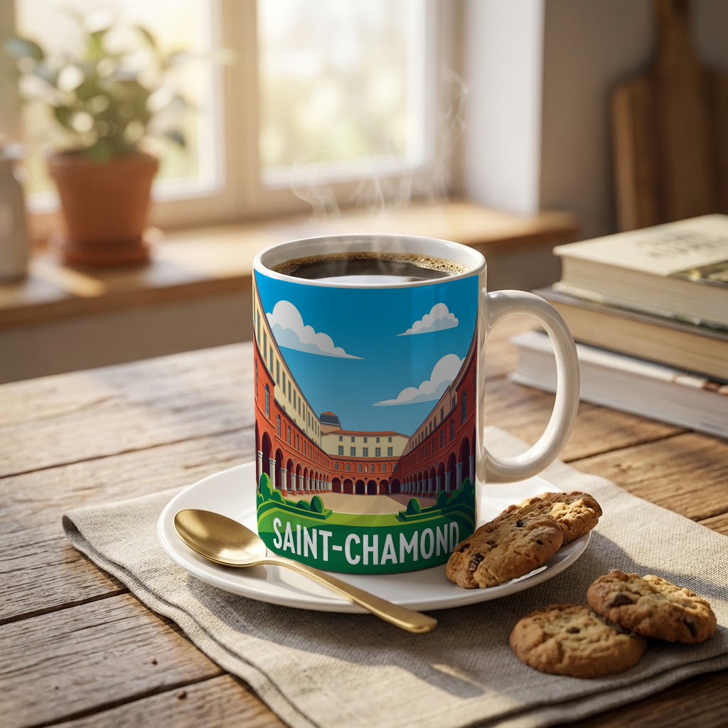 Mug souvenir de la ville de Saint-Chamond avec une illustration stylisée de son architecture.