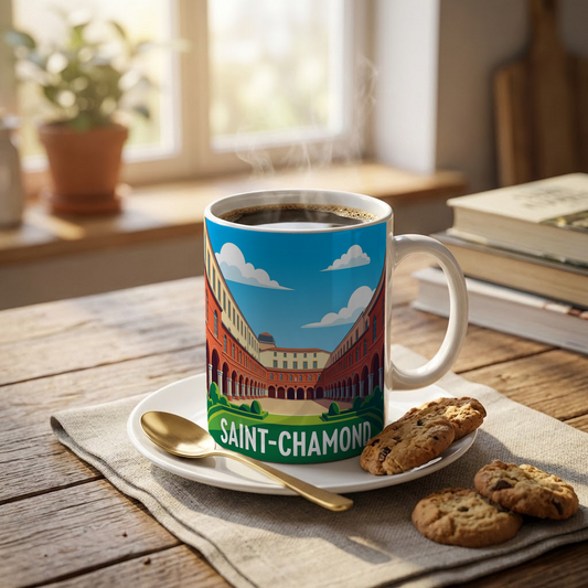 Mug souvenir de la ville de Saint-Chamond avec une illustration stylisée de son architecture.