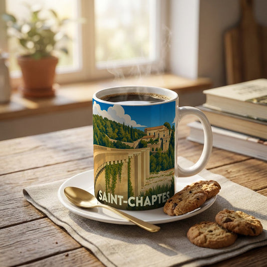 Mug souvenir de la ville de Saint-Chaptes avec une illustration stylisée d'un pont historique.