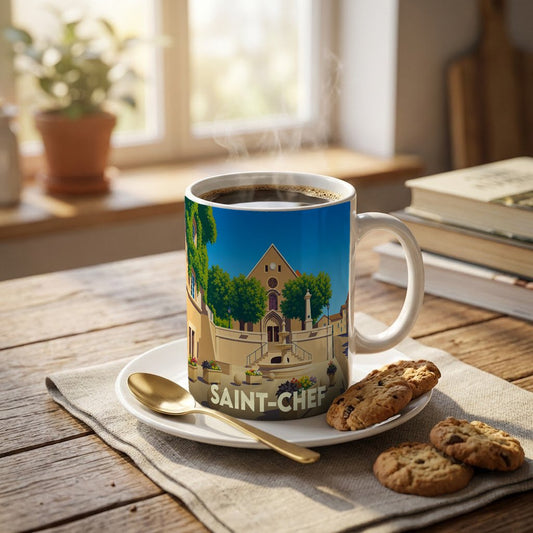 Mug souvenir de la ville de Saint-Chef avec une illustration stylisée d'une place historique.