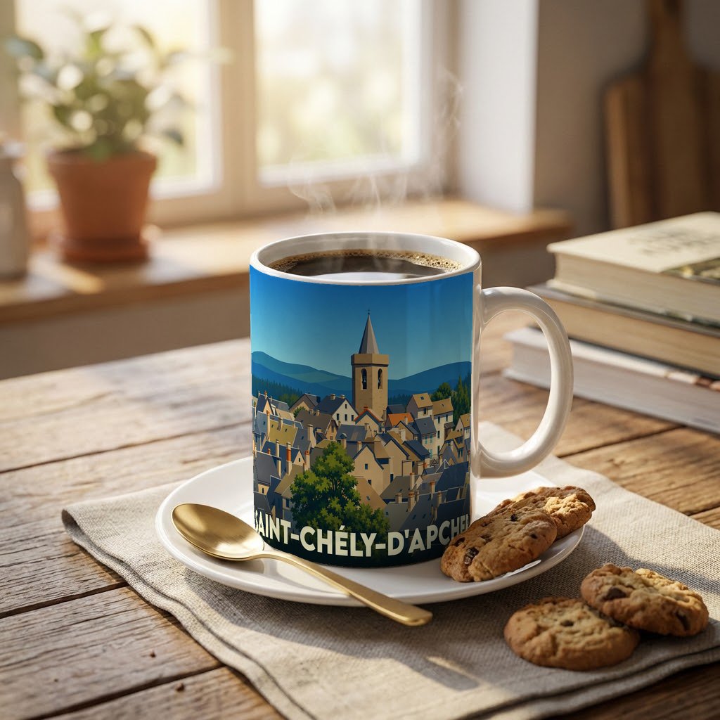 Mug souvenir de la ville de Saint-Chély-d'Apcher orné d'une illustration stylisée de ses toits et de son clocher.