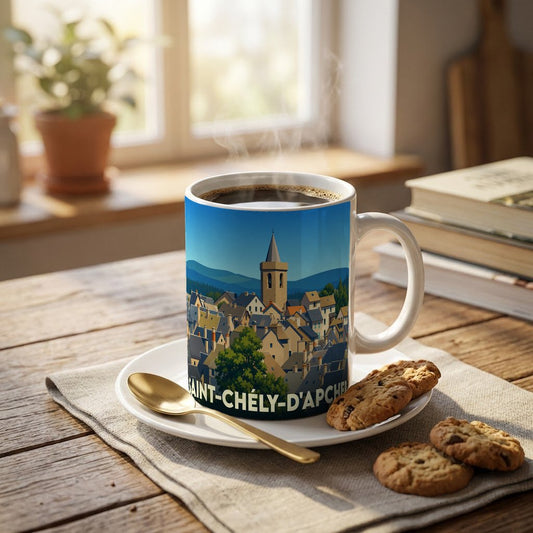 Mug souvenir de la ville de Saint-Chély-d'Apcher orné d'une illustration stylisée de ses toits et de son clocher.