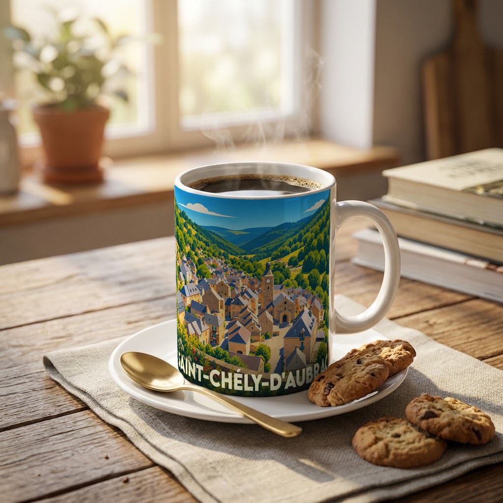 Mug souvenir de la ville de Saint-Chély-d'Aubrac avec une illustration stylisée de son paysage vallonné.