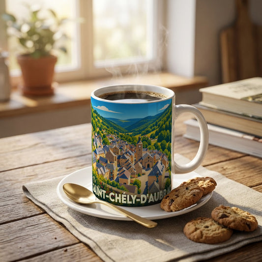 Mug souvenir de la ville de Saint-Chély-d'Aubrac avec une illustration stylisée de son paysage vallonné.