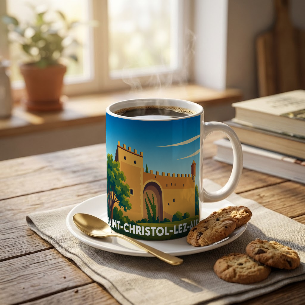 Mug souvenir de la ville de Saint-Christol-lez-Alès orné d'une illustration stylisée de ses remparts.