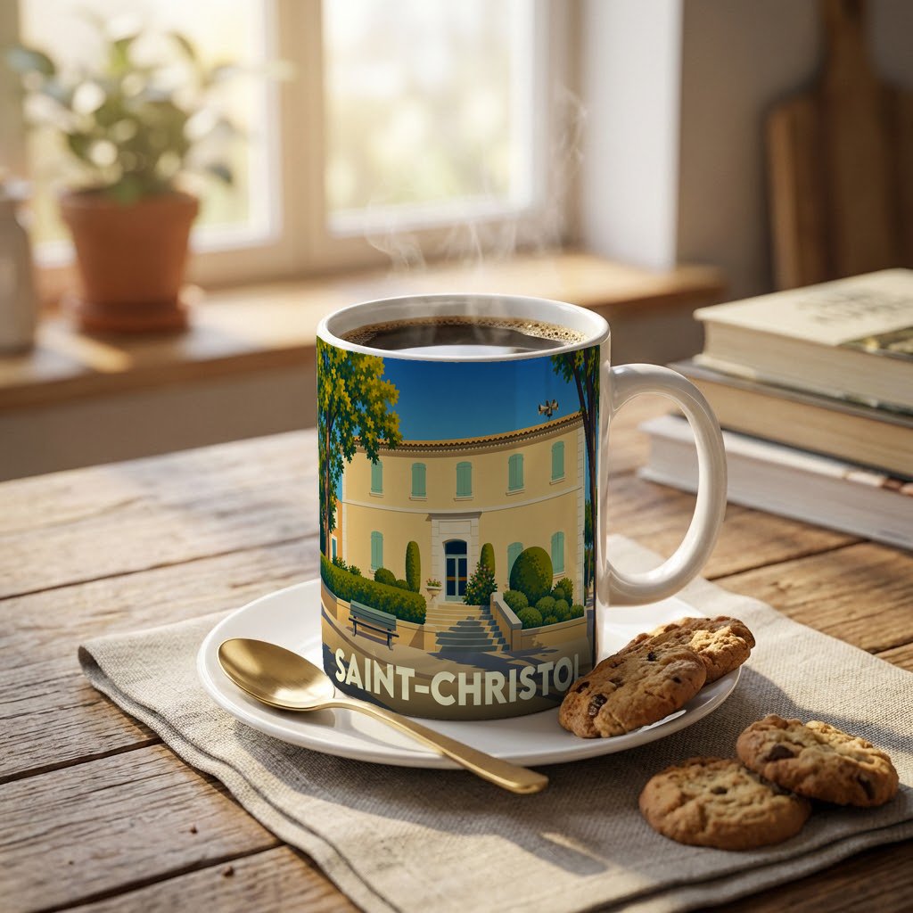 Mug souvenir de la ville de Saint-Christol avec une illustration stylisée d'une maison de maître ensoleillée.