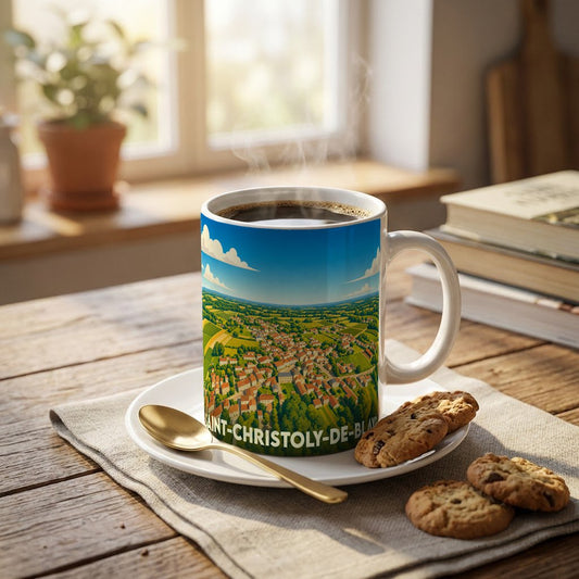 Mug souvenir de Saint-Christoly-de-Blaye illustré par une vue aérienne stylisée du village.