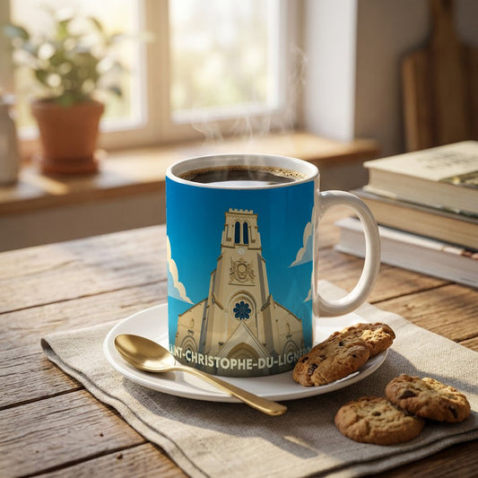 Mug souvenir de la ville de Saint-Christophe-du-Ligneron avec une illustration stylisée de son église.
