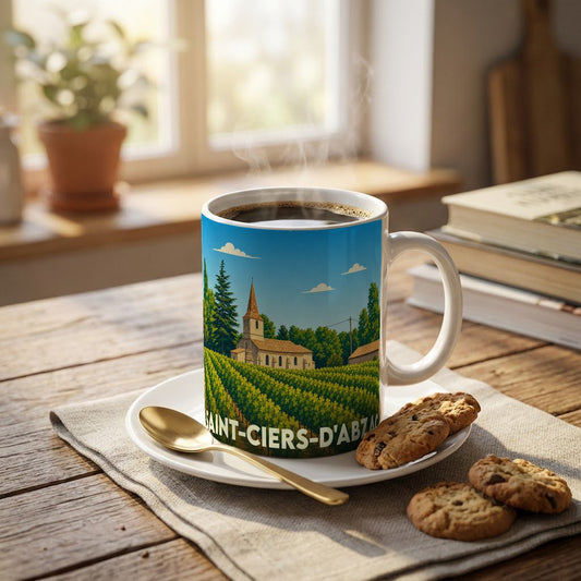 Mug souvenir de la ville de Saint-Ciers-d'Abzac orné d'une illustration stylisée de son église et de ses vignobles.
