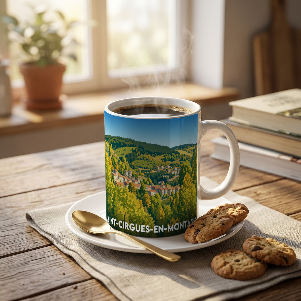 Mug souvenir de la ville de Saint-Cirgues-en-Montagne avec une illustration de paysage de montagne.