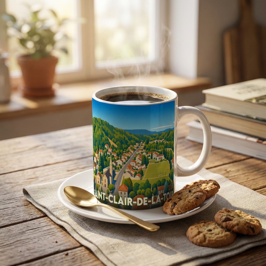 Mug souvenir de la ville de Saint-Clair-de-la-Tour avec une illustration colorée et stylisée du village.